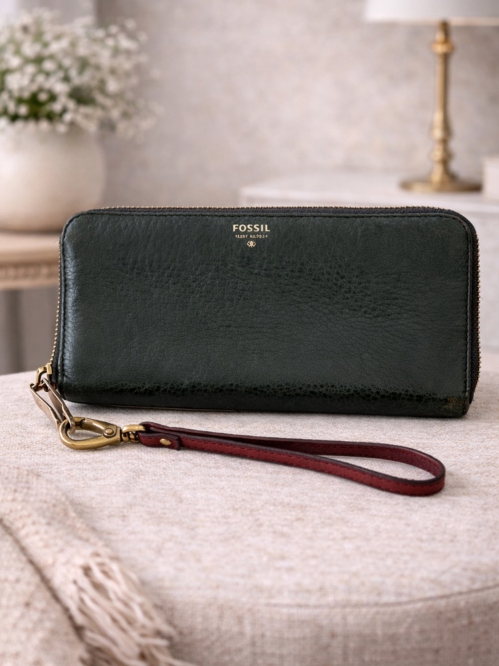 Fossil Green Leather Zip Around Wallet Pebbled Leather